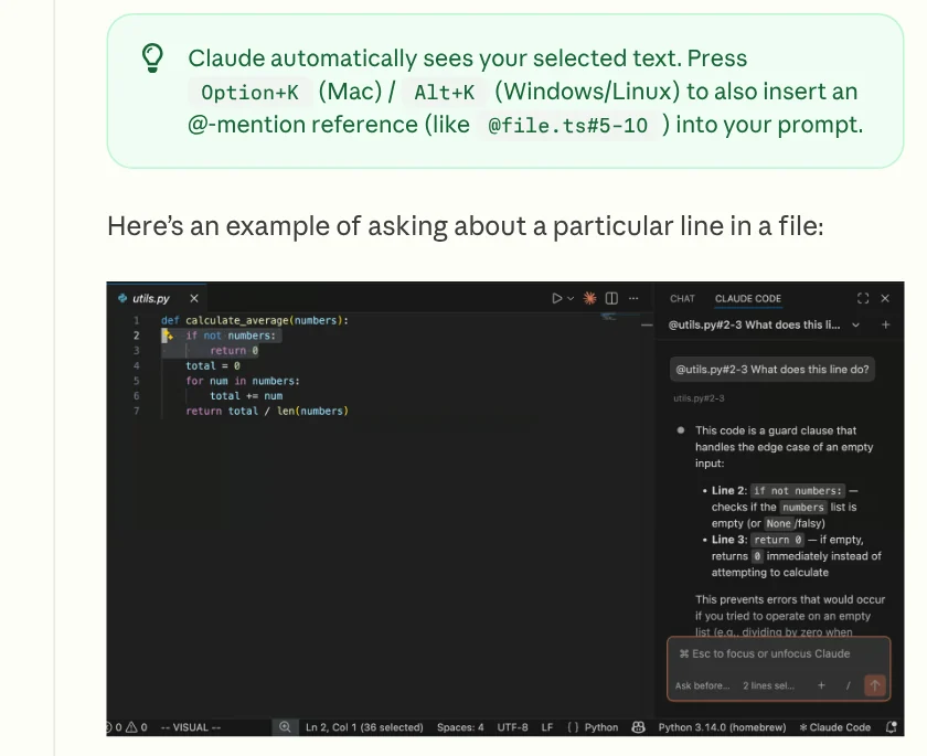 The Alt+K tip for inserting an @file#line reference in the Claude Code docs, with VS Code asking Claude about two selected lines of code