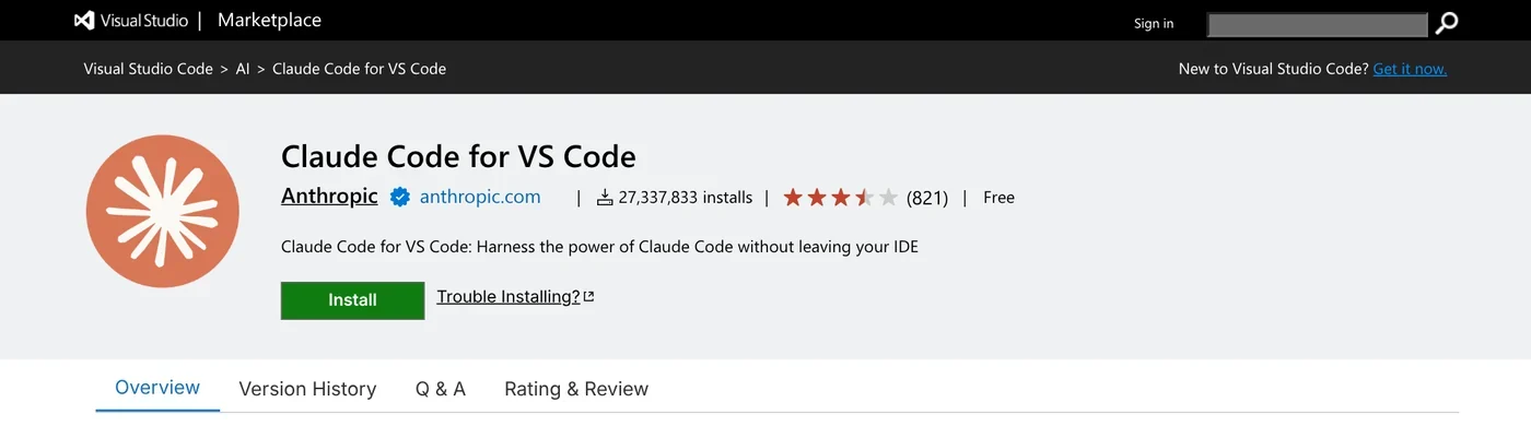 Claude Code for VS Code page on the Visual Studio Marketplace, published by Anthropic, with an Install button