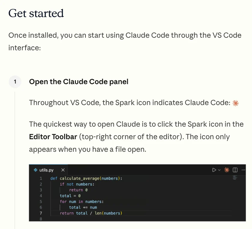Get started section in the Claude Code docs: the Open the Claude Code panel step, with the Spark icon in the editor toolbar