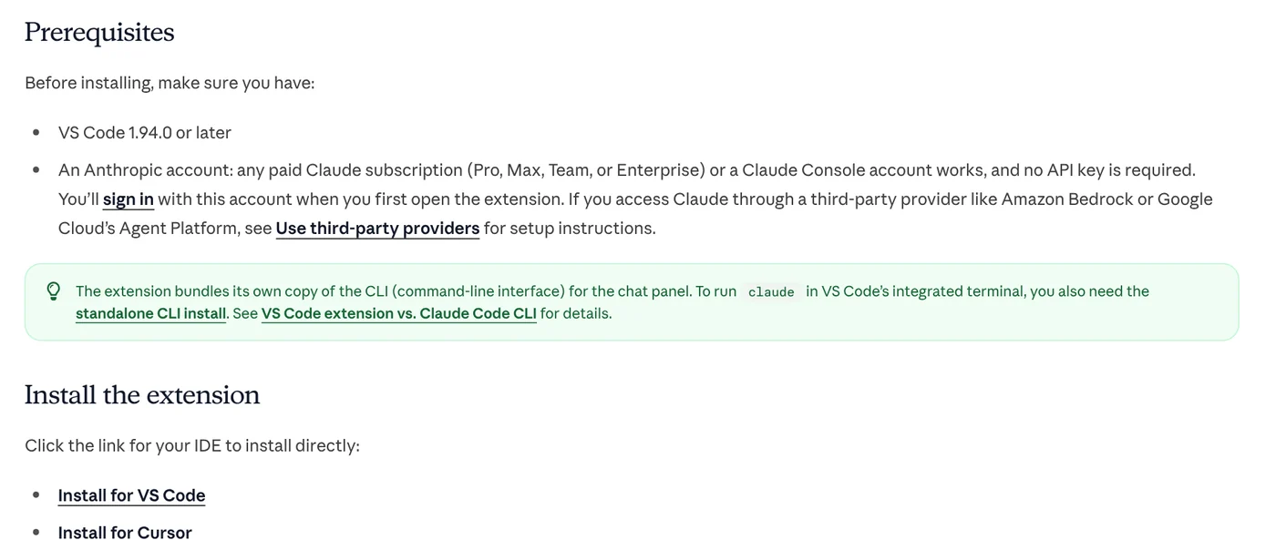 Prerequisites and Install the extension sections in the Claude Code docs: VS Code 1.94.0 or later and a paid Claude or Claude Console account