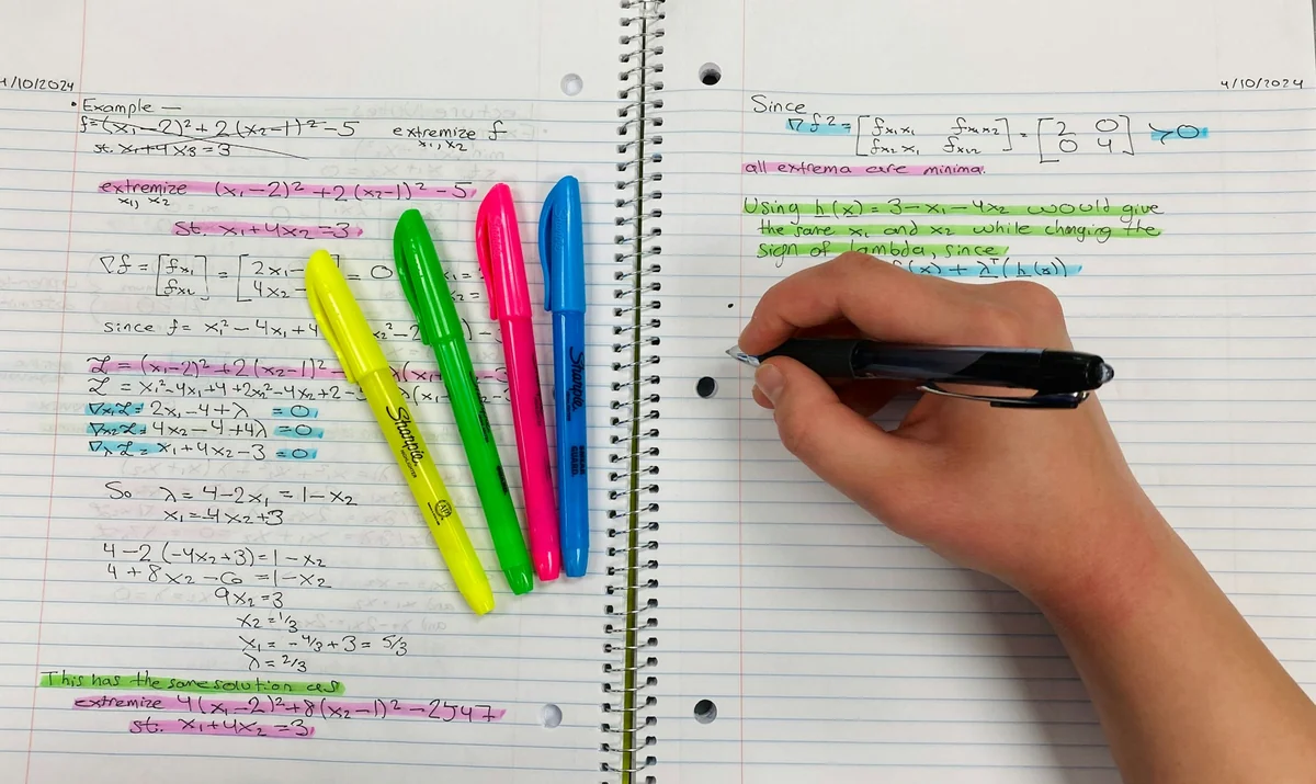 A hand writing with a pen in a grid notebook, next to lines of notes marked with yellow, pink, and blue highlighters
