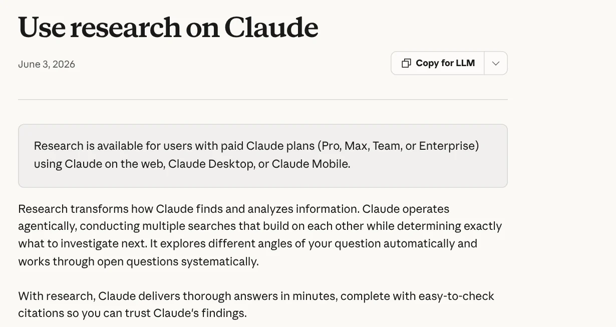 The Use research on Claude page, saying Research is for paid plans and answers with citations