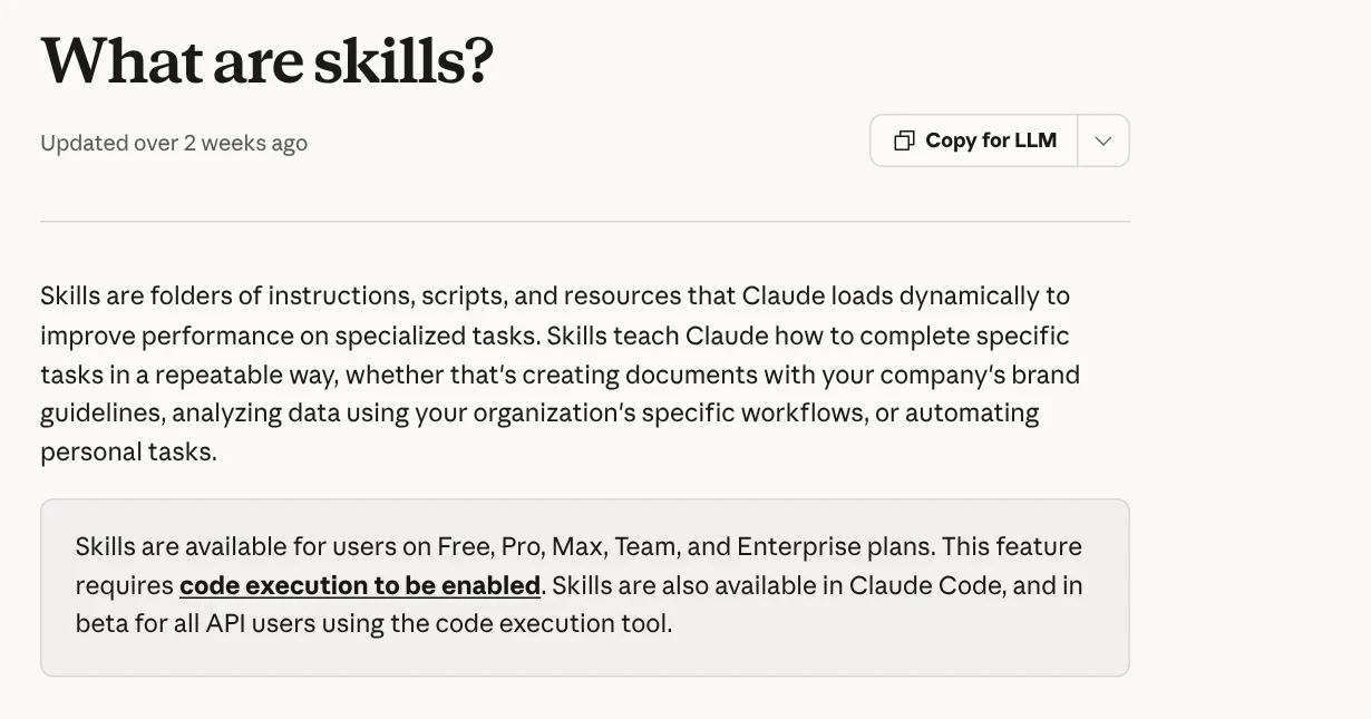The What are skills page on the Claude Help Center, defining skills and listing the plans that include them