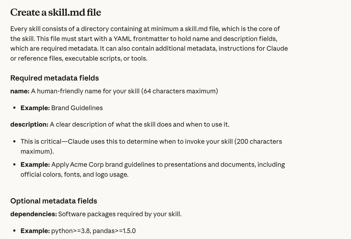 The Create a skill.md file section on the Claude Help Center, listing the required name and description fields and their character limits
