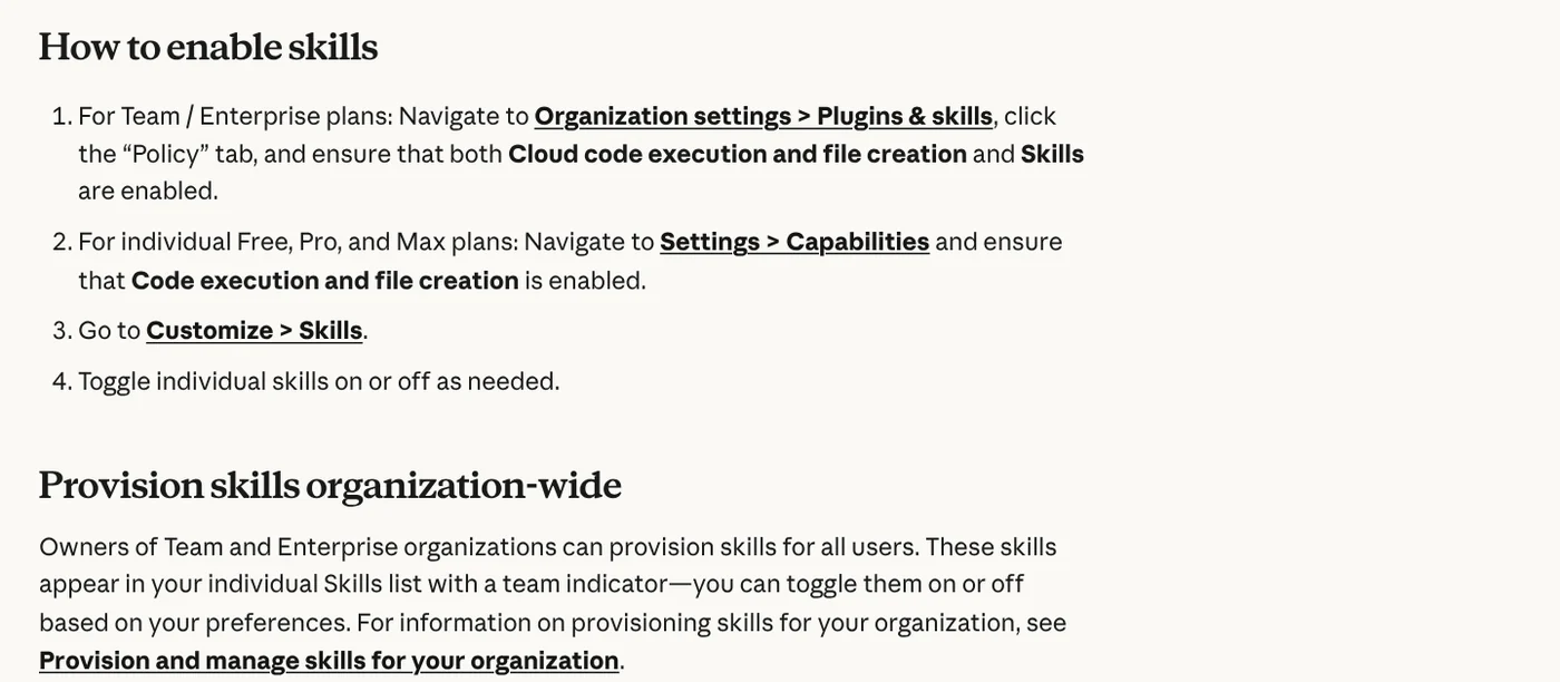 The How to enable skills section of the Claude help page, showing how to turn on Code execution and file creation and then open Customize > Skills