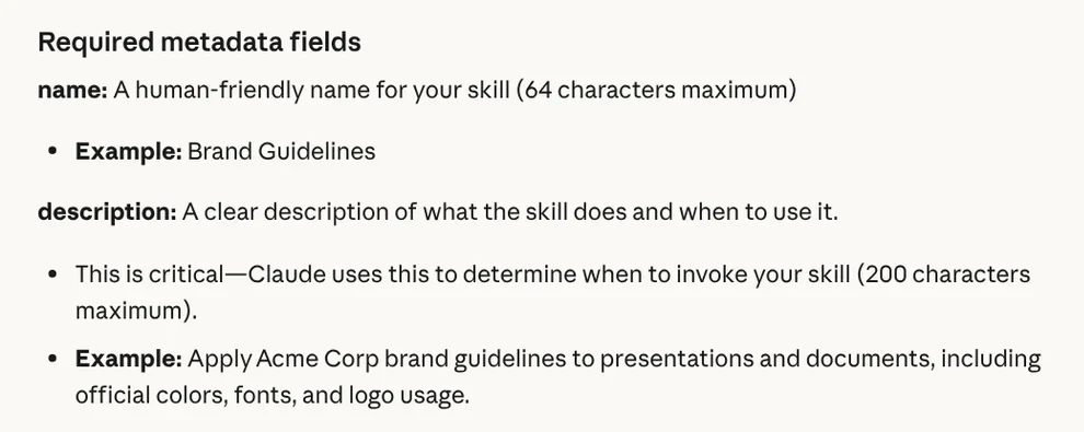 The Required metadata fields section of the Claude help page: the name field allows up to 64 characters and the description field up to 200 characters