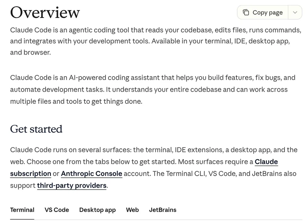 Anthropic's Claude Code overview page: an agentic coding tool that reads code, edits files and runs commands, available in the terminal, IDE, desktop app and browser