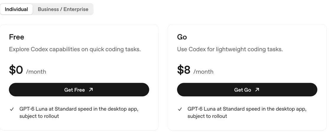 OpenAI's Codex pricing table for individuals: Free, Go, Plus and Pro plans, priced in USD per month