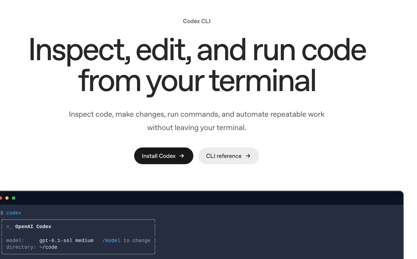 OpenAI's Codex CLI page: view, edit and run code right in the terminal, working with the repository on your machine