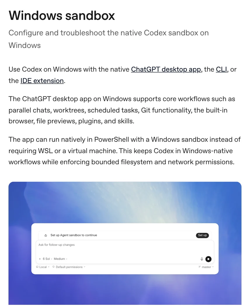 Codex Windows sandbox page: runs directly in PowerShell with the Windows sandbox, no WSL or virtual machine needed