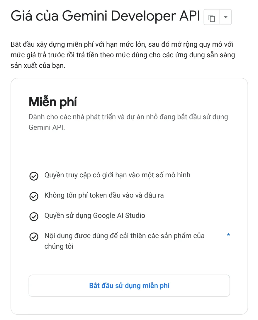 Free tier card on the Gemini Developer API pricing page: limited access to certain models, free tokens, Google AI Studio access, content used to improve products