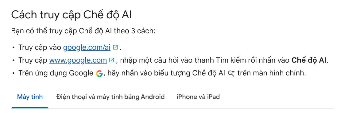 How to access AI Mode in Google Search help: go to google.com/ai, tap AI Mode on google.com, or use the Google app