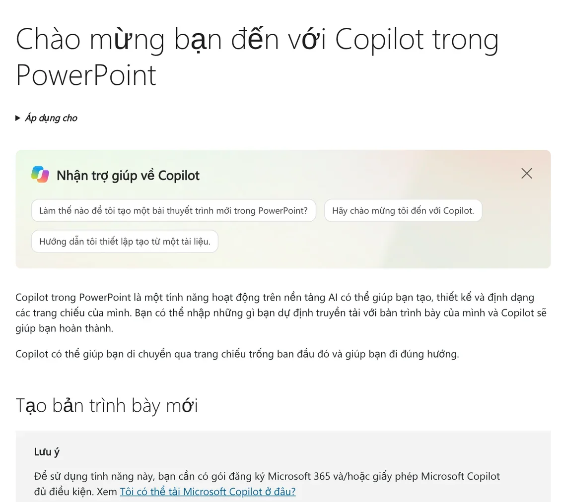 Microsoft Support page on Copilot in PowerPoint: create a new presentation, which needs a Microsoft 365 subscription or an eligible Copilot license