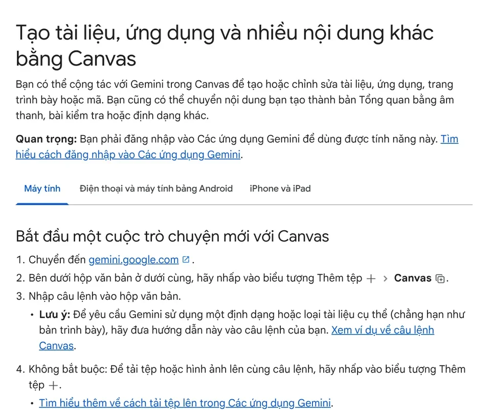 Gemini Apps help page on Canvas: work with Gemini to create docs, apps, and slides, with the steps to start a new Canvas chat