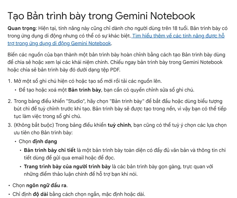 Gemini Notebook help page on creating a slide deck from sources: choose the detailed or presenter format, the language, the length, and a prompt