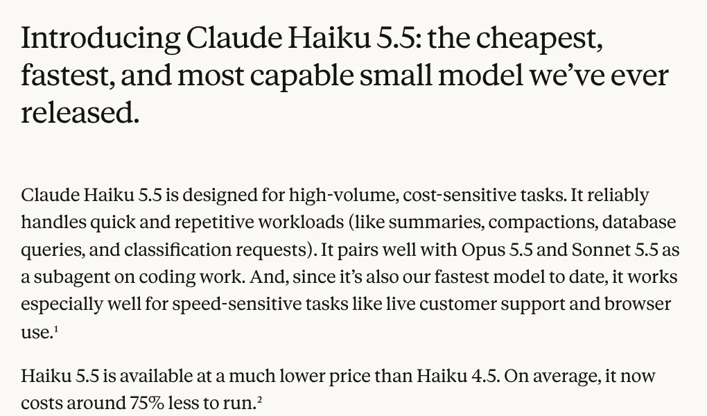 Anthropic's Claude Haiku 5.5 page: a small model for high-volume work that costs about 75% less to run on average than Haiku 4.5