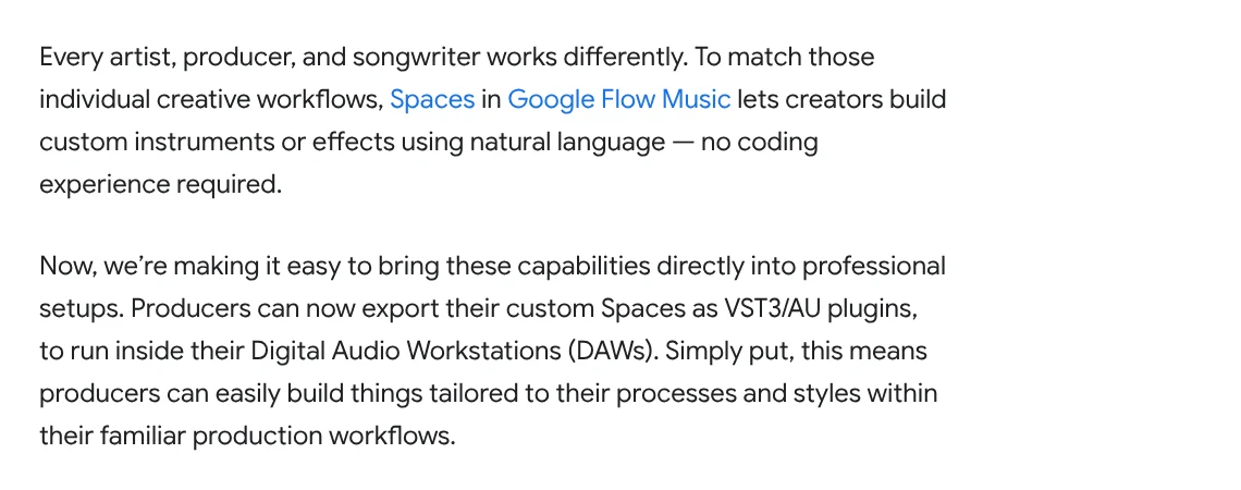Google blog post from Oct 6, 2026 about exporting Spaces in Google Flow Music as VST3 or AU plugins for DAW software