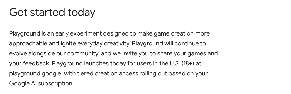 The end of Google's blog post on Playground, saying it launches for users in the US aged 18 and over at playground.google