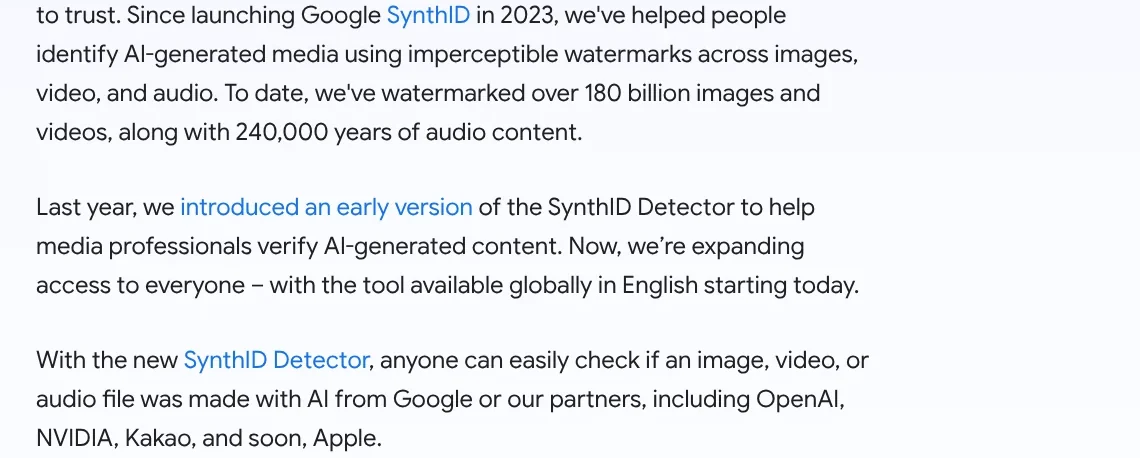Google blog post from Oct 7, 2026 announcing SynthID Detector for everyone, to check whether images, video and audio were made with AI
