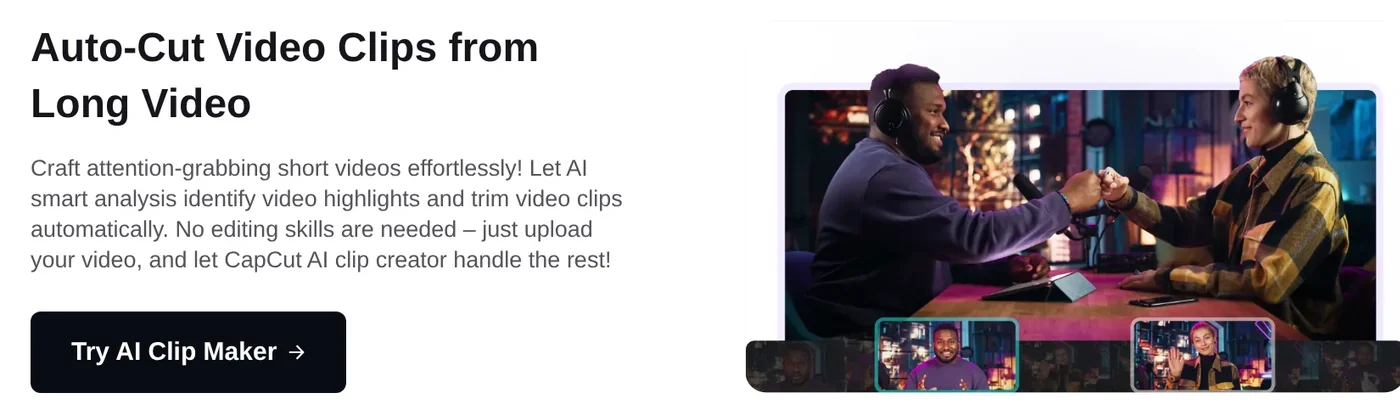 The CapCut page introducing Auto-Cut Video Clips: AI finds highlights in a long video and cuts them into short clips