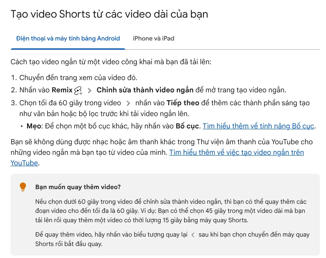 The YouTube Help page on creating Shorts from long videos: tap Remix, Edit into a Short, select up to 60 seconds
