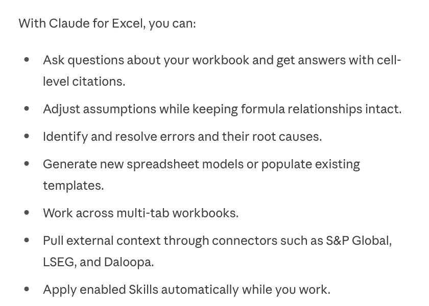Claude for Excel documentation: answers with cell citations, updating assumptions while keeping formulas, finding errors, building models, applying enabled skills automatically