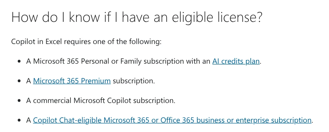 The How do I know if I have an eligible license section on Microsoft's page: four plan types that can use Copilot in Excel