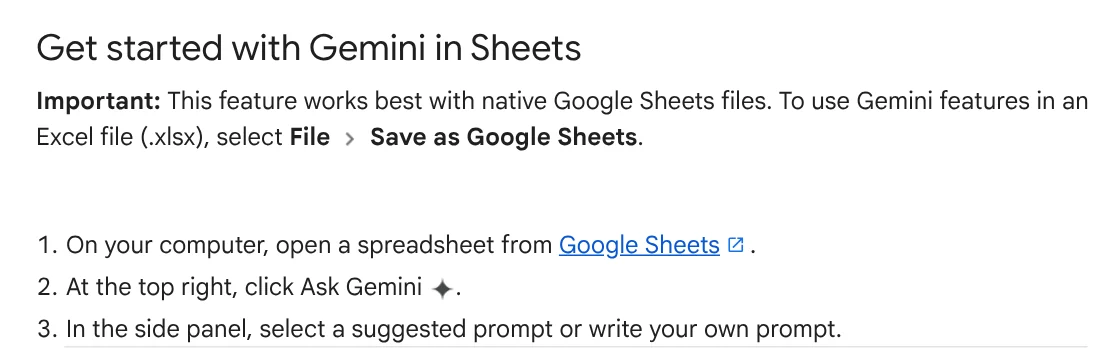 The Get started with Gemini in Sheets section on Google's help page: open a spreadsheet, click Ask Gemini, pick a suggested prompt