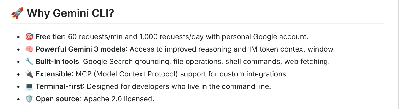Why Gemini CLI section of the official GitHub repository, listing the free tier, Gemini 3 models, built-in tools and the Apache 2.0 license