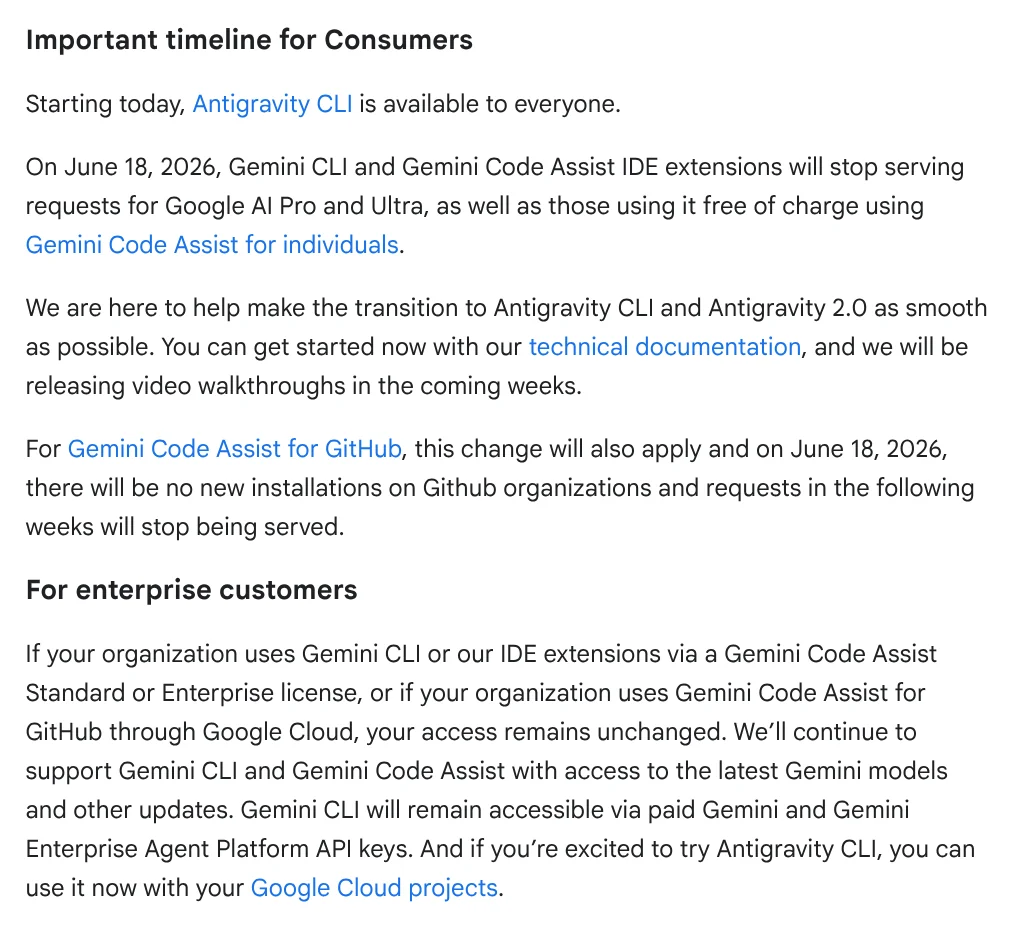 Important timeline for Consumers section of the Google blog: on June 18, 2026 Gemini CLI stops serving AI Pro, Ultra and free users, while businesses keep access