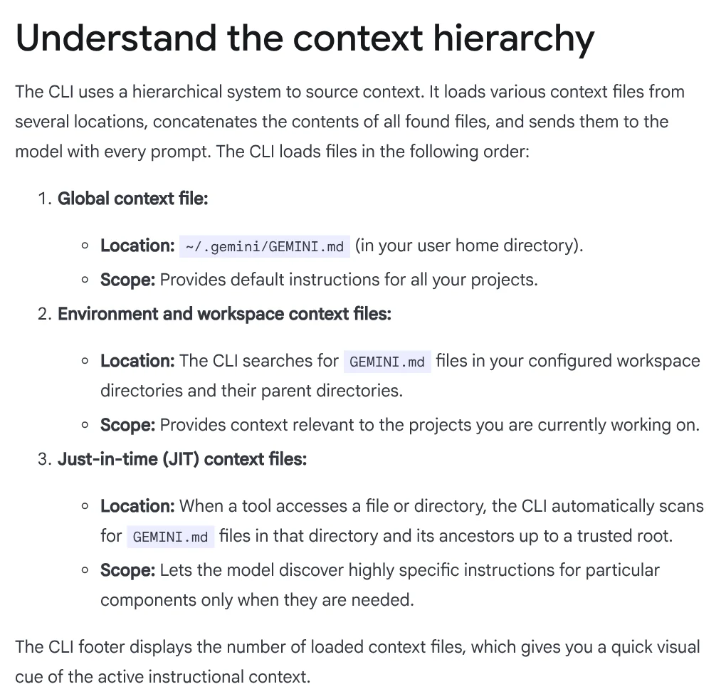 Understand the context hierarchy section in the Gemini CLI docs: the global GEMINI.md in ~/.gemini, files in the project folder and files loaded on demand