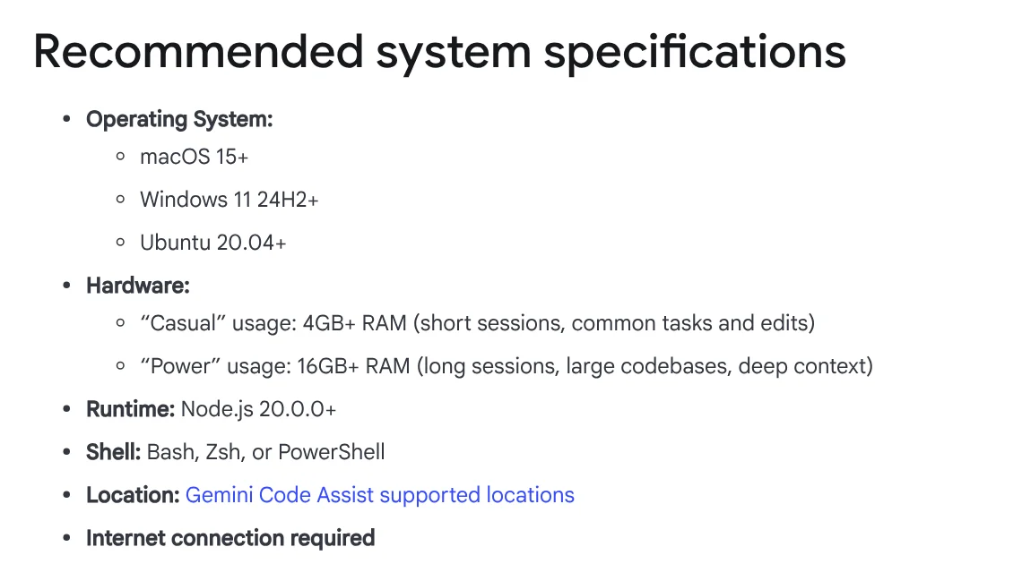 Recommended system specifications section in the Gemini CLI docs, covering operating systems, RAM, Node.js 20 and supported shells