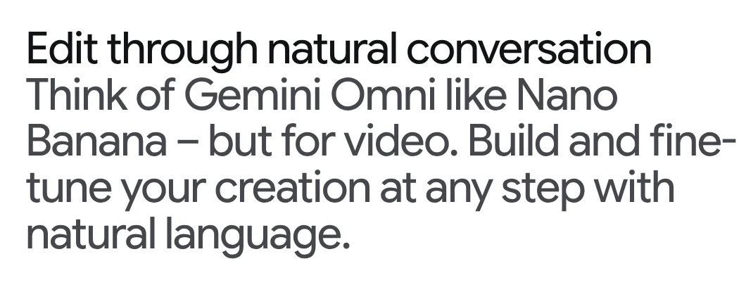 Google DeepMind's Gemini Omni page, with the Edit through natural conversation section comparing Omni to Nano Banana for video