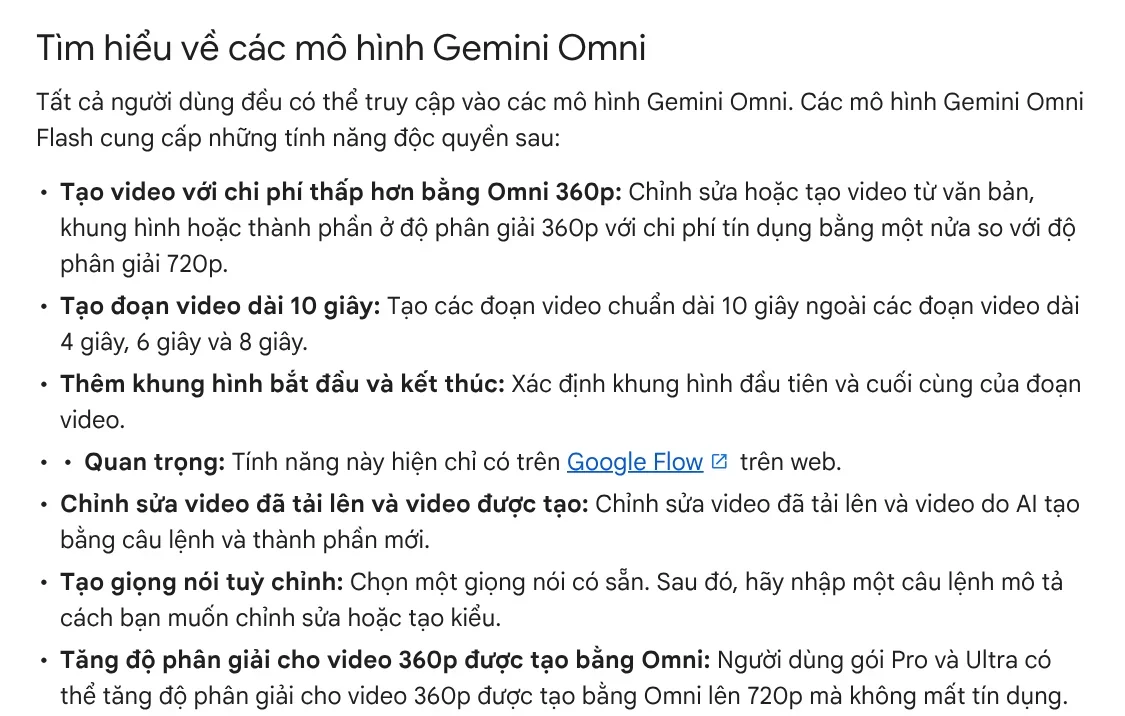 The Gemini Omni models section on the Google Flow Help page, listing 360p at half cost, 10-second clips, first and last frames, and video editing