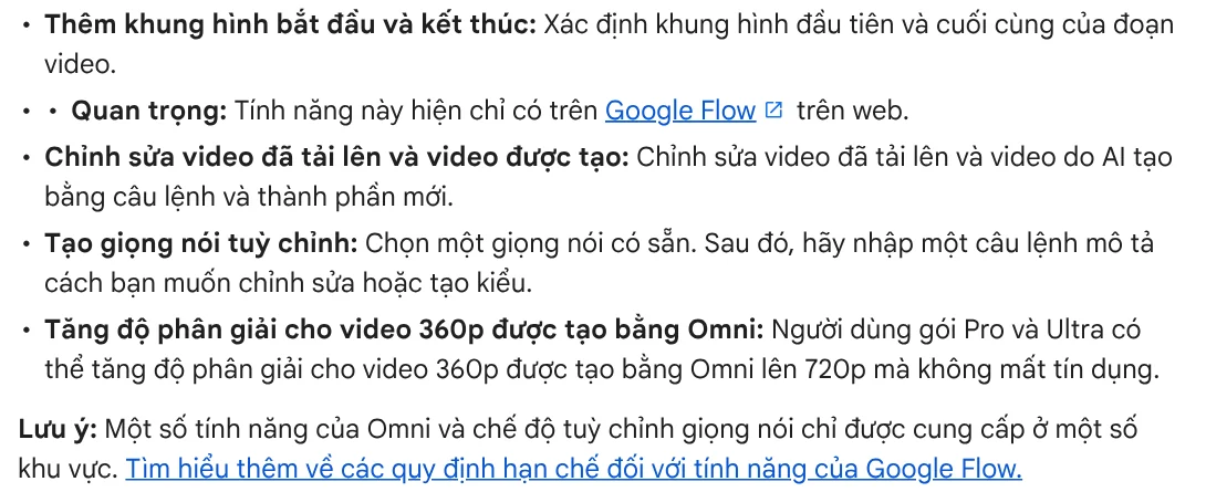 Google Flow models page saying Pro and Ultra subscribers can upscale Omni 360p videos to 720p for 0 credits