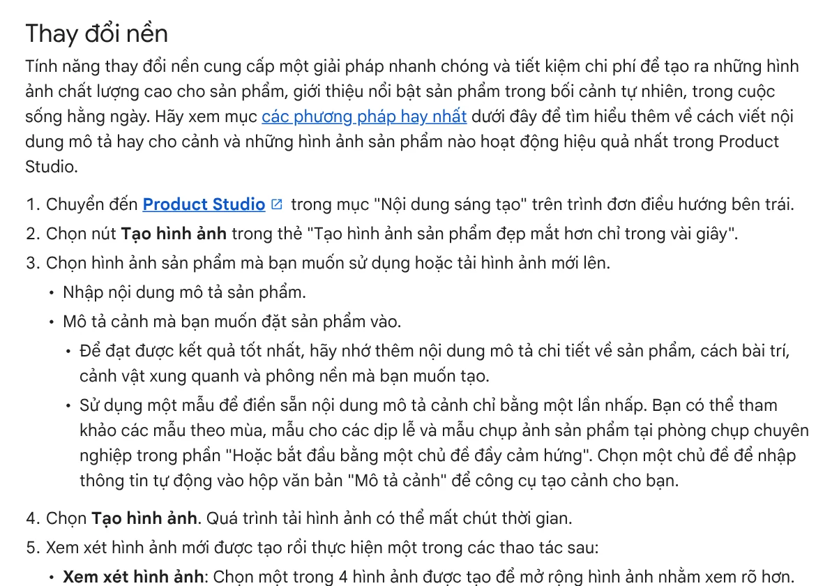 The change background steps in Google Merchant Center Product Studio: pick an image, describe the product and scene, generate images