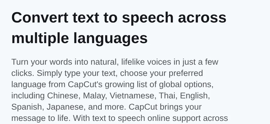 Trang CapCut Text to Speech nêu danh sách ngôn ngữ gồm tiếng Trung, tiếng Mã Lai, tiếng Việt, tiếng Thái và tiếng Anh