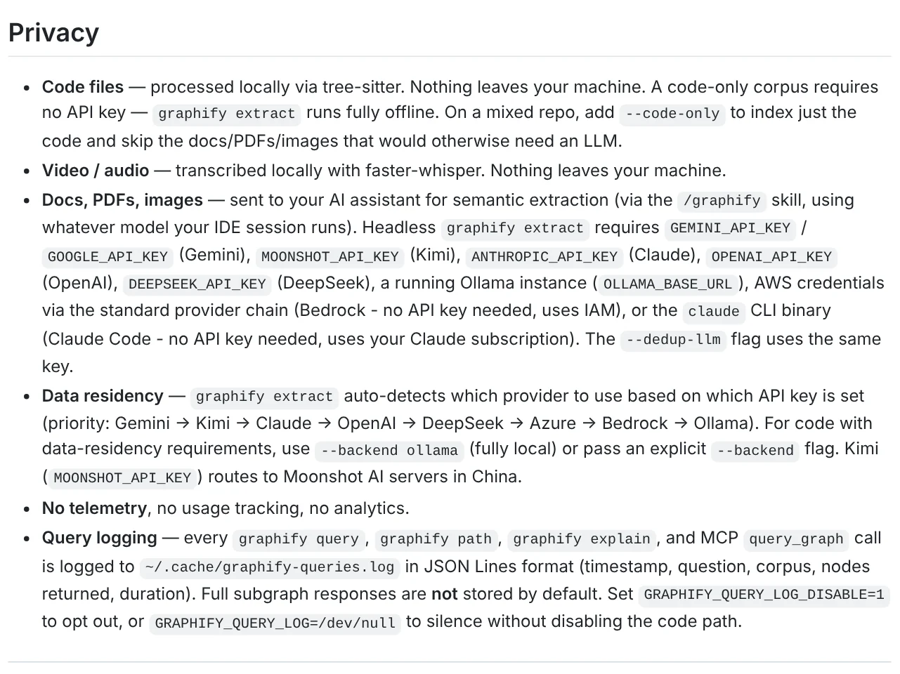 The Privacy section of the Graphify README: what is processed locally and what is sent to the model