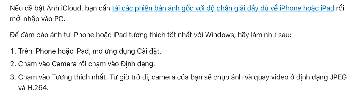 Hướng dẫn của Apple khi nhập ảnh vào PC: tải bản gốc độ phân giải đầy đủ nếu bật Ảnh iCloud, chọn Định dạng Tương thích nhất