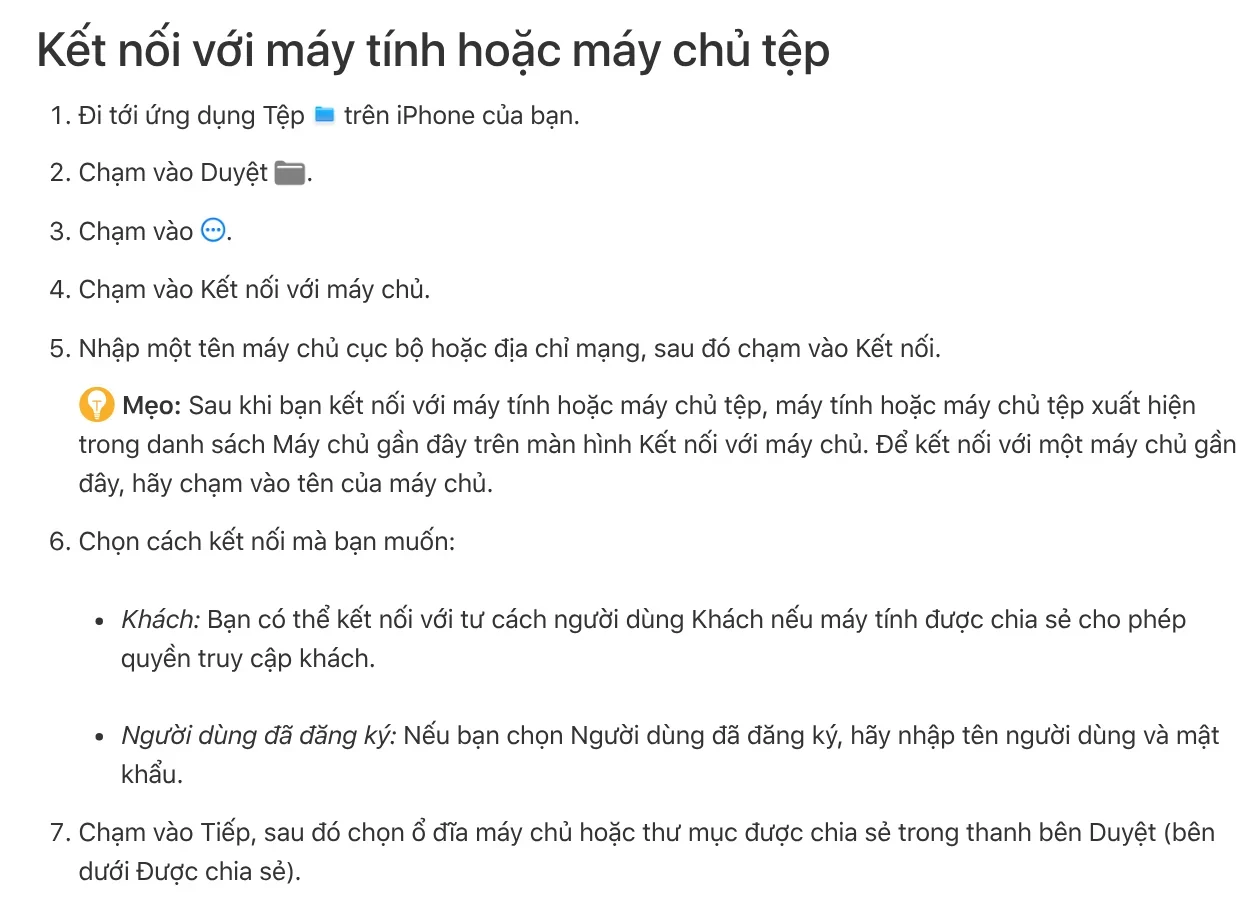 Trang Hướng dẫn sử dụng iPhone của Apple: các bước Kết nối với máy chủ trong ứng dụng Tệp để chép tệp sang máy tính trong cùng mạng