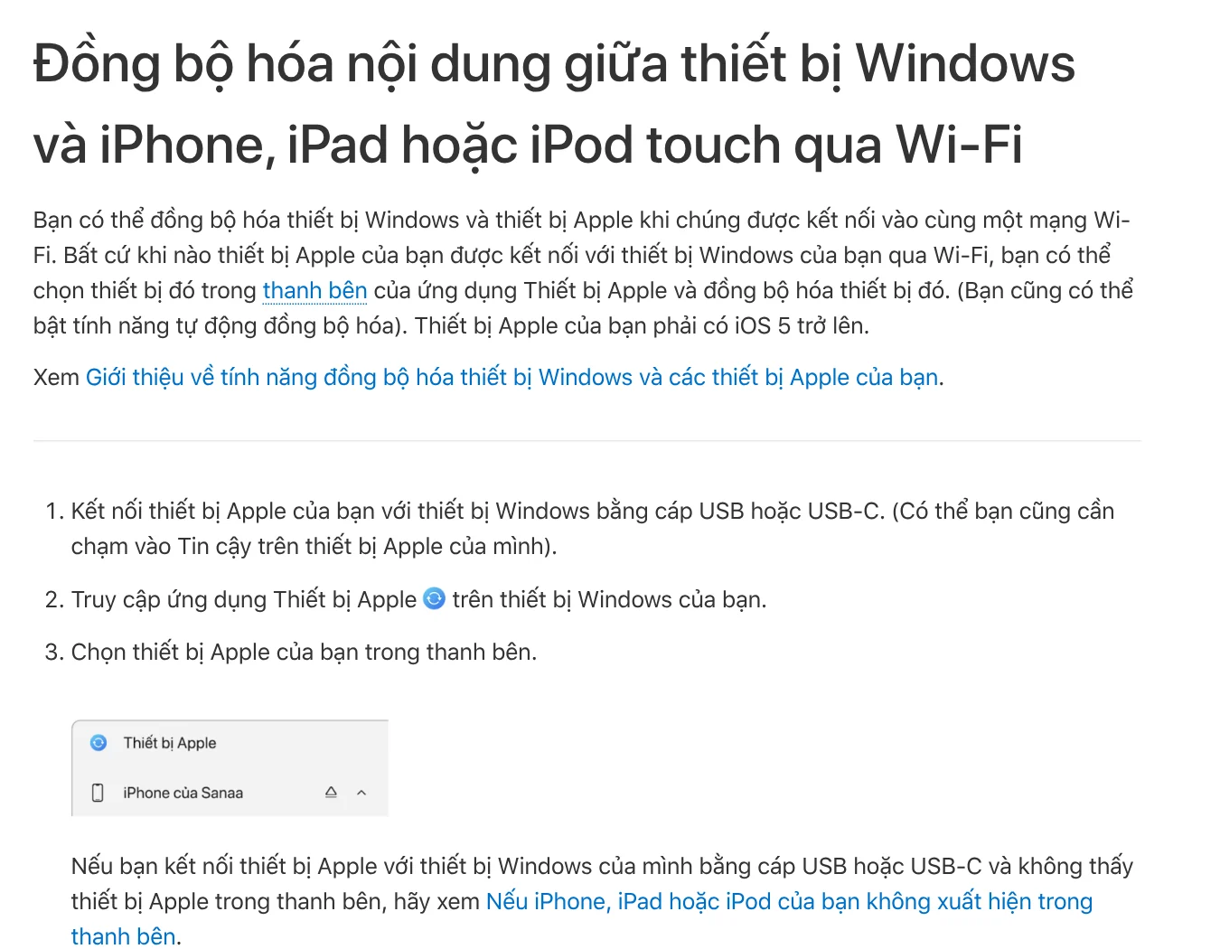 Trang hướng dẫn ứng dụng Thiết bị Apple trên Windows: đồng bộ iPhone qua Wi-Fi sau lần kết nối đầu bằng cáp USB