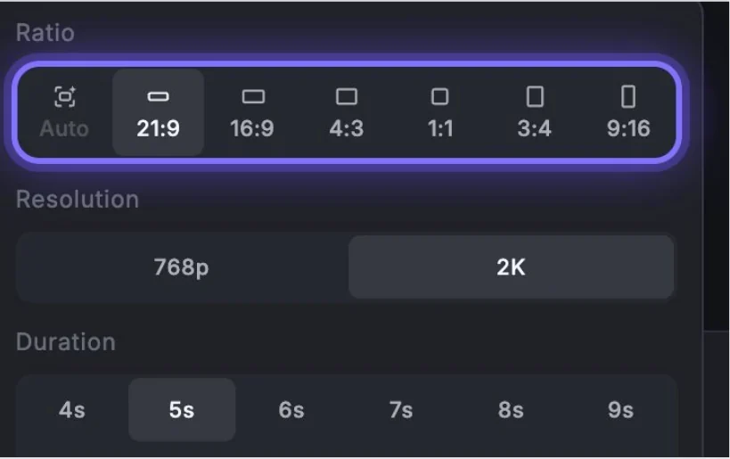 Hailuo AI output settings with aspect ratios from 21:9 to 9:16, 768p or 2K resolution, and duration in seconds