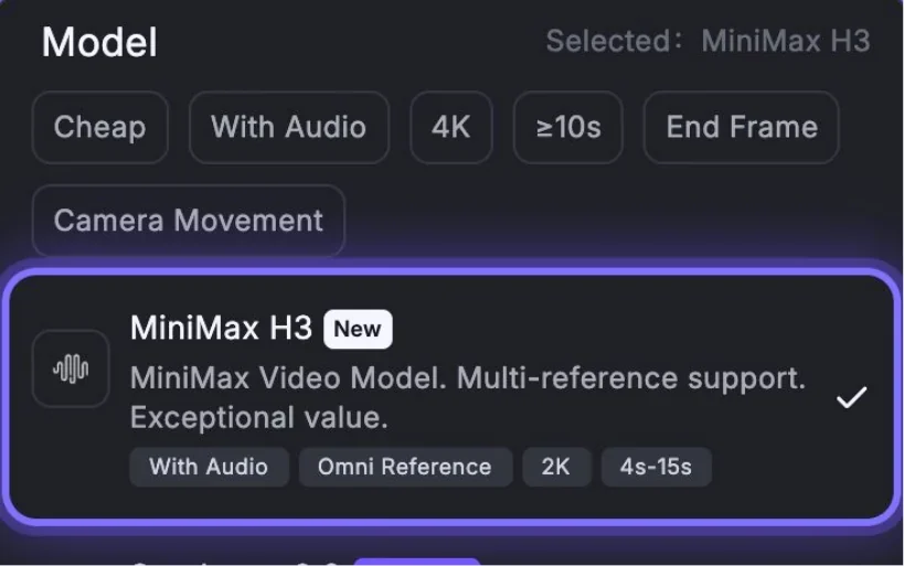 Hailuo AI model picker with MiniMax H3 selected, tagged With Audio, Omni Reference, 2K, 4s-15s