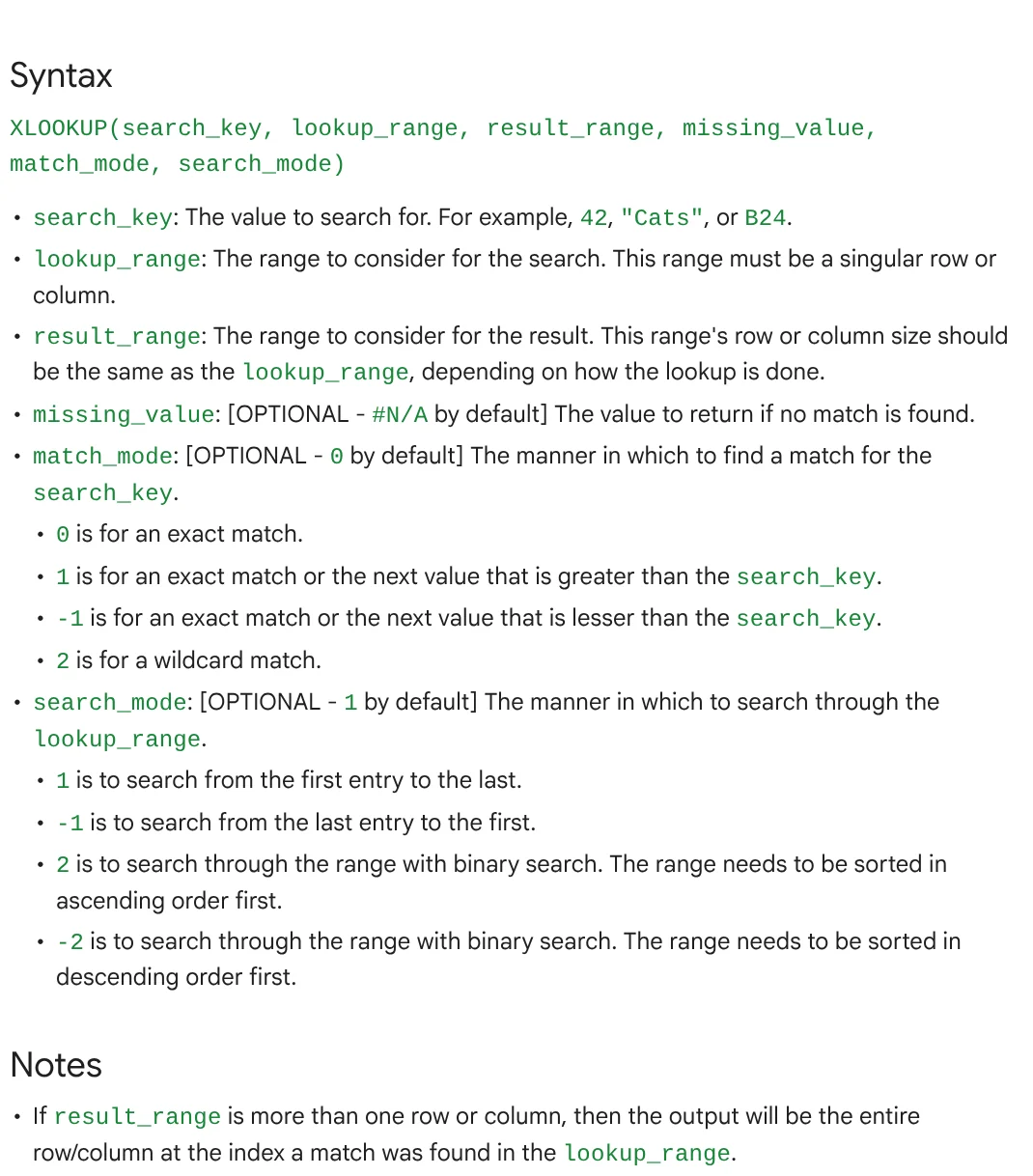 Syntax of the XLOOKUP function in Google Sheets with each input and its default value