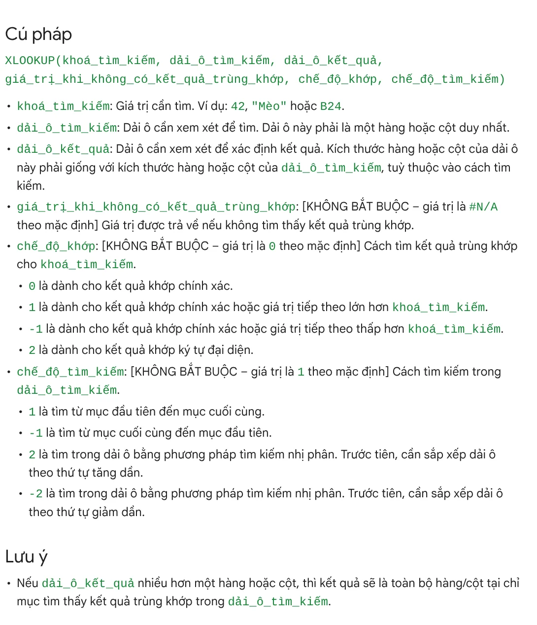 Cú pháp hàm XLOOKUP trong Google Trang tính với tên đối số tiếng Việt và giá trị mặc định