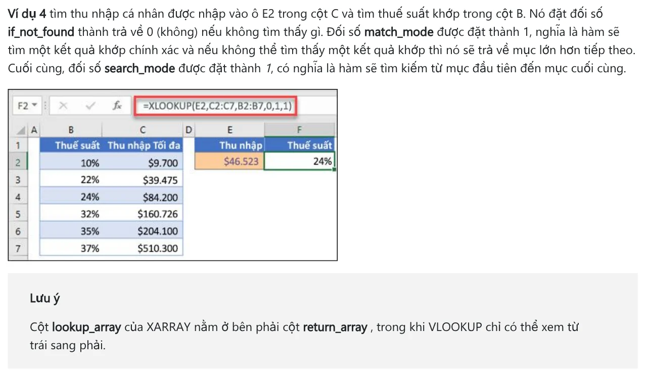 Ví dụ 4 trên trang Microsoft: XLOOKUP với match_mode 1 tra thuế suất theo thu nhập