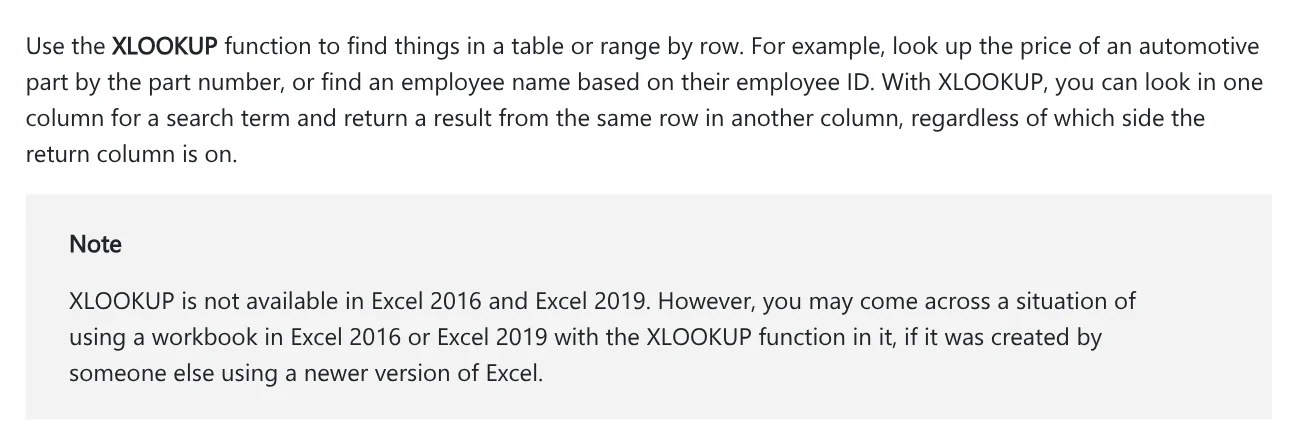 Intro and note on Microsoft Support: XLOOKUP is not available in Excel 2016 and Excel 2019