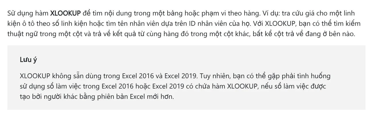 Đoạn mở đầu và lưu ý trên trang Microsoft: XLOOKUP không sẵn dùng trong Excel 2016 và Excel 2019