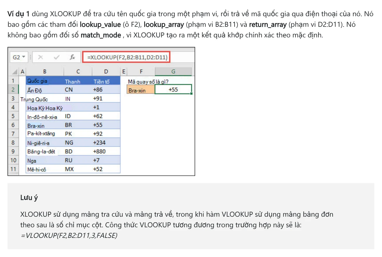 Ví dụ 1 trên trang Microsoft: XLOOKUP tra mã quay số của Bra-xin, kèm công thức VLOOKUP tương đương
