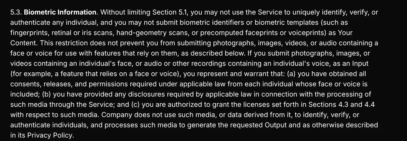 Section 5.3 of the Higgsfield Terms of Use requiring consent from every person whose face or voice appears in uploaded media